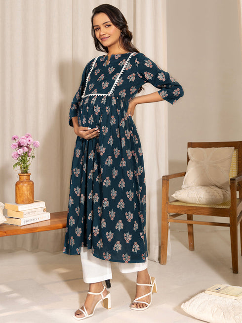 Teal Cotton Floral Fit & Flare Kurta